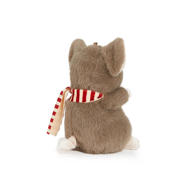 Back view Plush mouse stuffed animal with a red and cream striped winter scarf