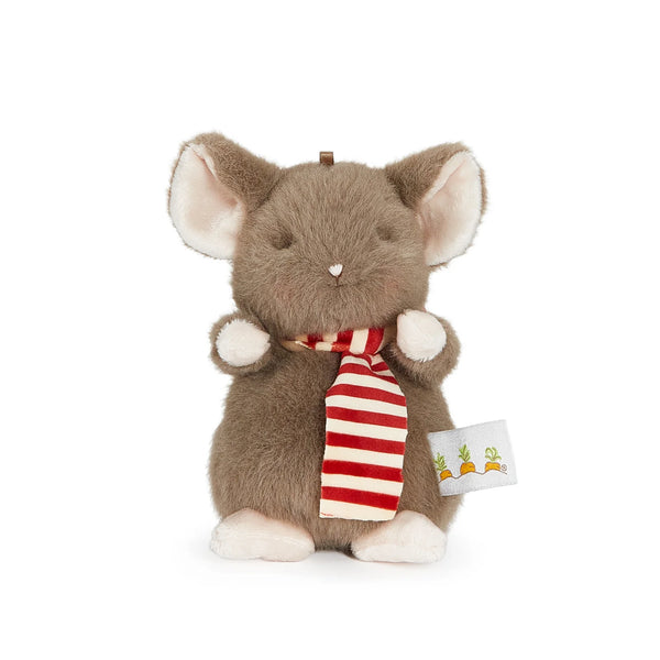 A plush toy mouse in warm brown fur with cream-colored paws and ears, wearing a red and white striped scarf