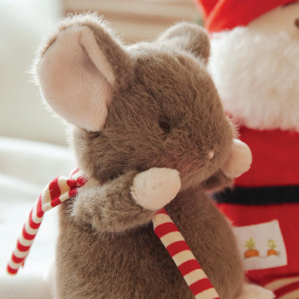 Close up of Christmas Mouse Stuffed Animal in Striped Scarf