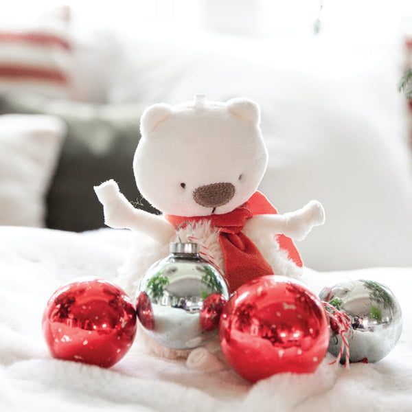 Beau the Polar Bear Roly Poly with Christmas Ornaments