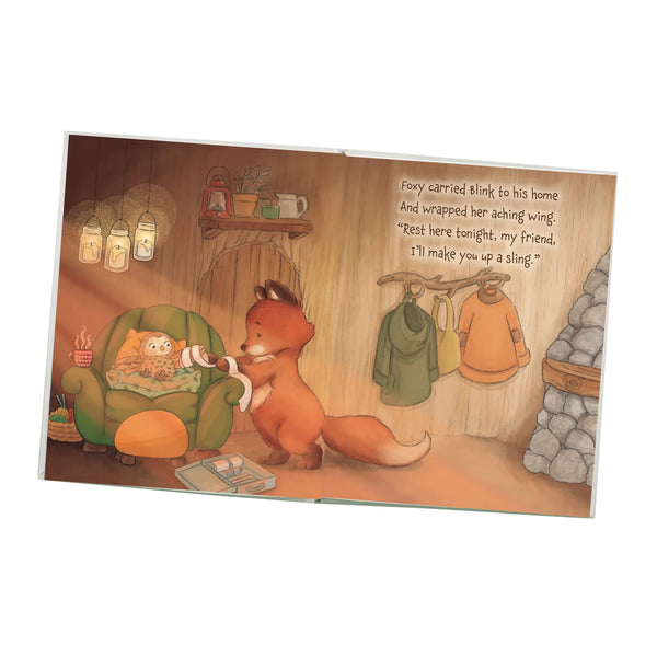 Illustration of a fox tending to a owl in a cozy room with text.