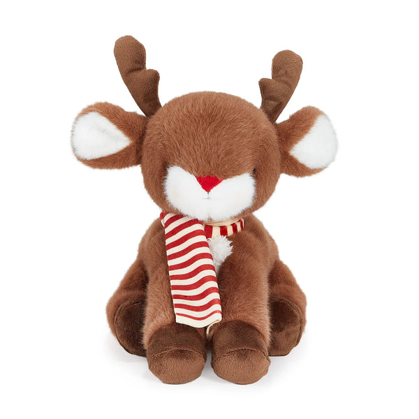 Plush reindeer toy with a red and cream striped scarf on a white background
