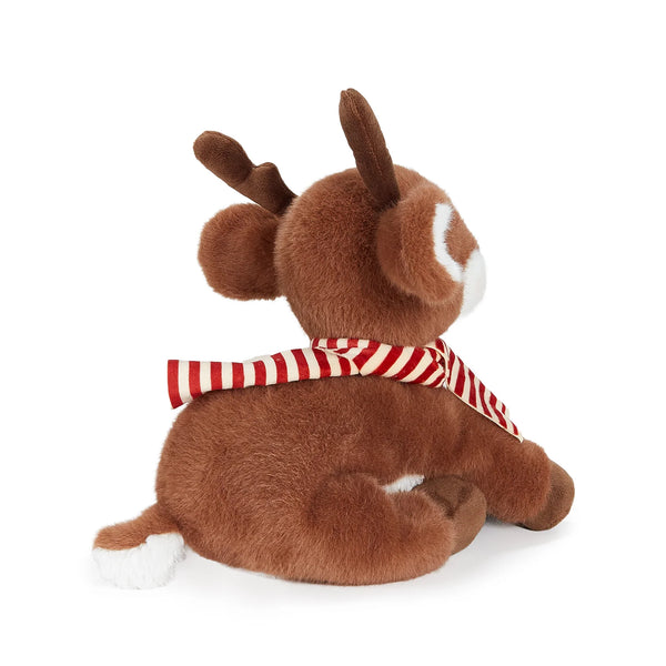 Back view of Bunnies by the Bay's Rudie the Reindeer wearing a red and cream striped scarf