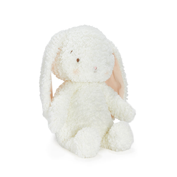 A fluffy white plush bunny toy with long floppy ears, small embroidered eyes, and a soft pink inner ear, photographed on a clean white background.