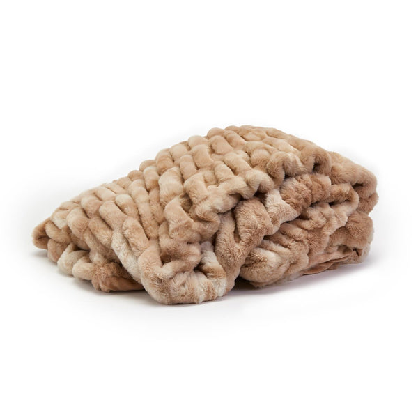 Folded view Two's Co Luxurious Textured Faux Fur Tan & Cream Throw Blanket