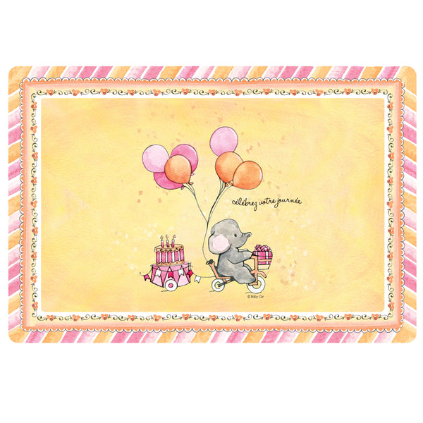 Baby Cie Pink Yellow and Tangerine Baby Placemat with Elephant, Balloons, and Cake Pictured