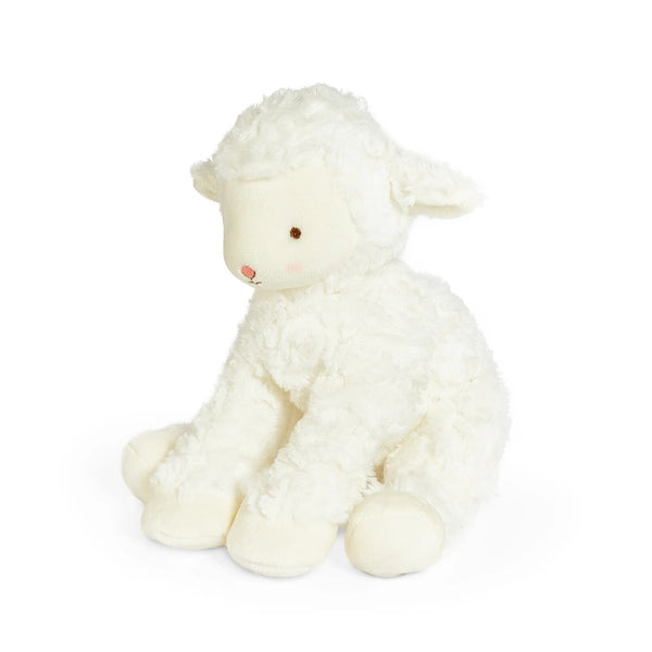 A soft plush stuffed sheep toy with white curly fleece texture, small embroidered eyes, and a pink nose, sitting on a plain white background.