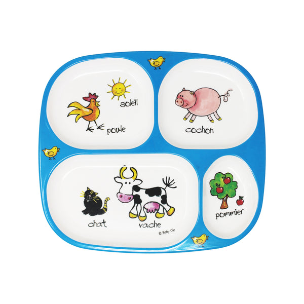 Baby Cie Farm Animal Sectioned TV Tray featuring a Chicken, Sun, Pig, Cat, Cow, Chicks, and Apple Tree