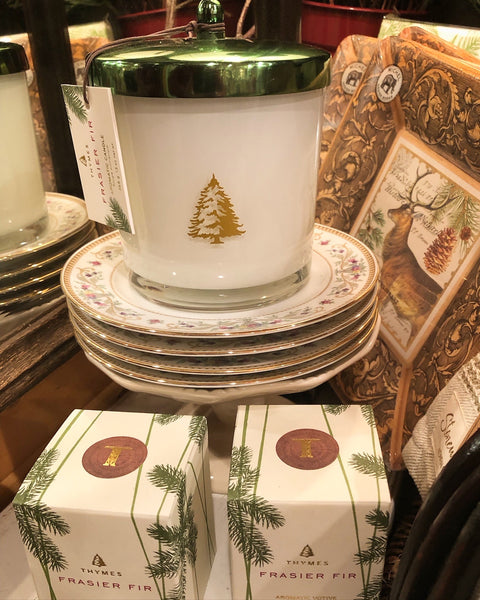 Thymes Frasier Fir Candles, Vintage Plates, and Michel Balsam Paper Plates