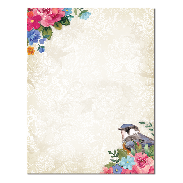 Decorative paper with floral designs and a bird illustration on a textured background
