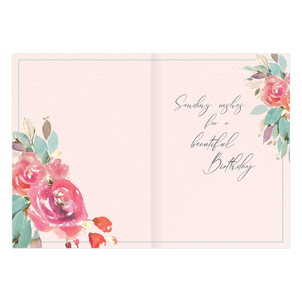 Birthday Card interior in peachy pink with roses and Beautiful Birthday greeting