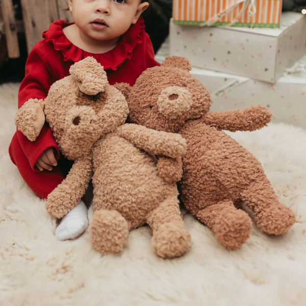 Baby with Rufus the Dog and Brownie the Bear Stuffed Animals by Bunnies by the Bay