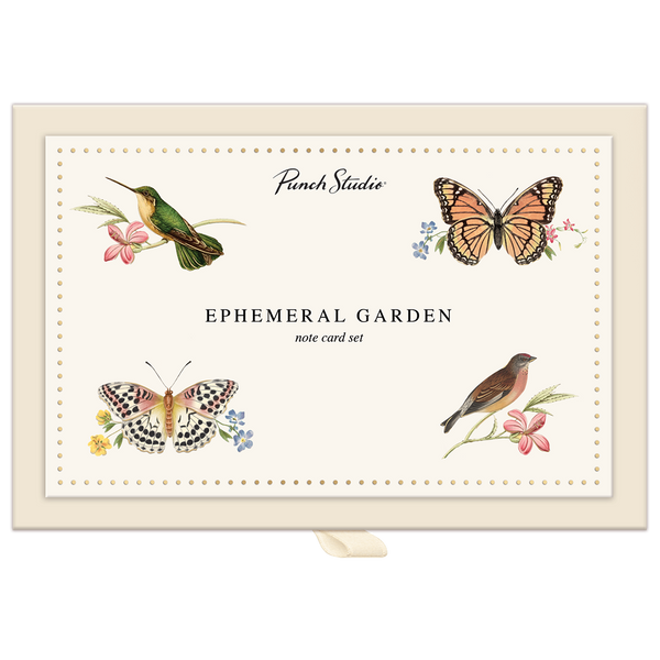 Note card set with illustrations of butterflies, birds, and flowers on a cream background.