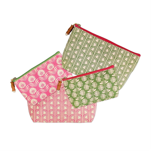 Two patterned pouch sets with zippers on a white background