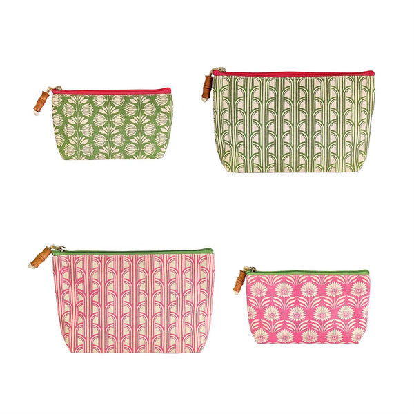 Four patterned pouches in green, pink, and white on a white background