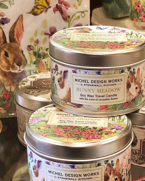 Michel Design Works candles with bunny design on travel tin