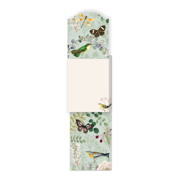 Notepad with floral, bird, and insect design on a white background