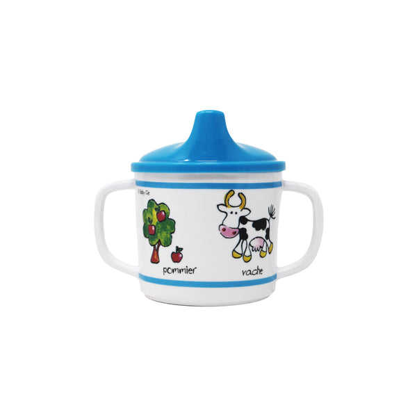 Baby Cie Melamine Children's Sippy Cup with Dark Aqua blue lid, French Apple Tree, and Cow