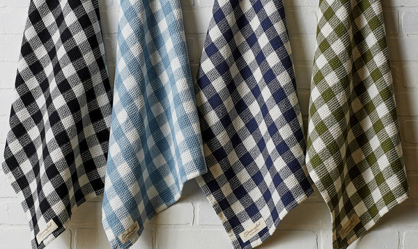 Black, Light Blue, Navy, and Olive Check Waffle Gingham Kitchen Towels