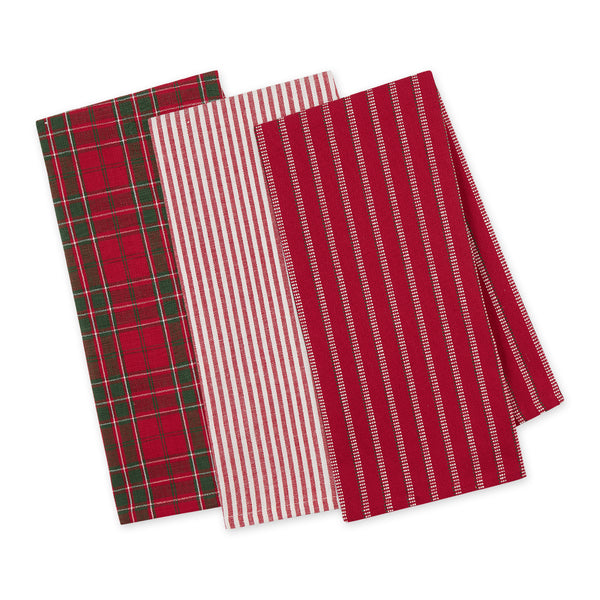 DII Home For the Holidays House Gift Set of 3 Christmas Dishtowels in Red Plaid, and Stripes