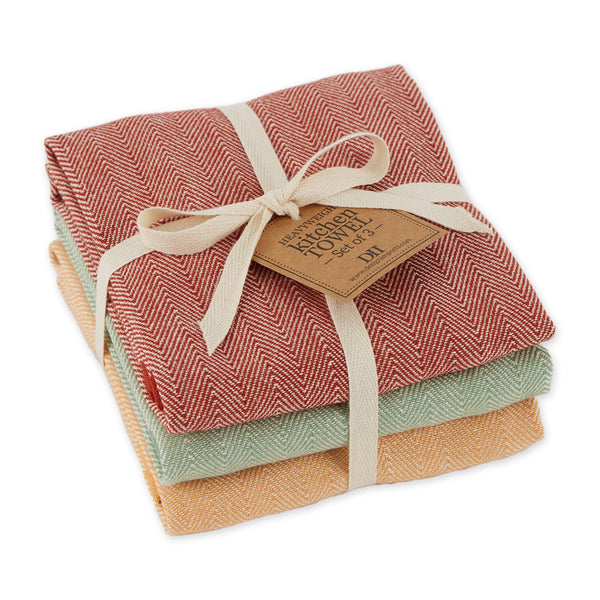 Fall Herringbone Kitchen Towel Stack in Rust, Light Green, and Maize Yellow