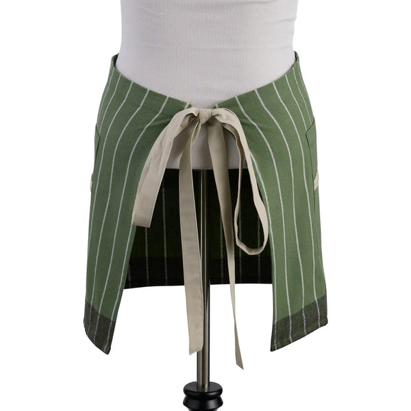 Back view of Green Striped Apron with Beige Tie