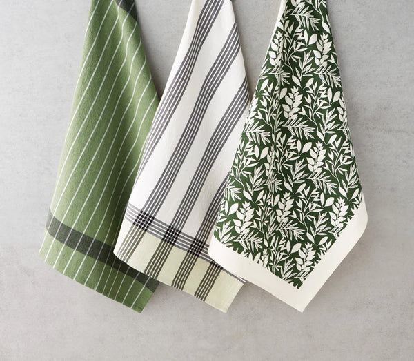 Green, Plaid Stripe, and Foliage Dishcloths in black, green, and cream