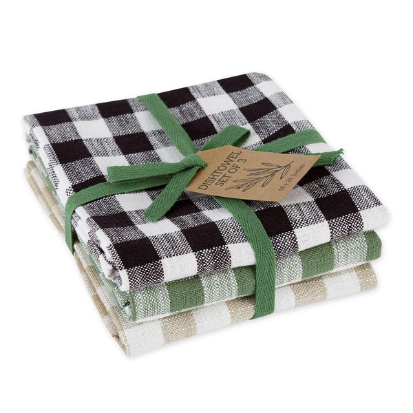 Stack of Buffalo Check Kitchen Towels in White, with Black, Green, and Tan