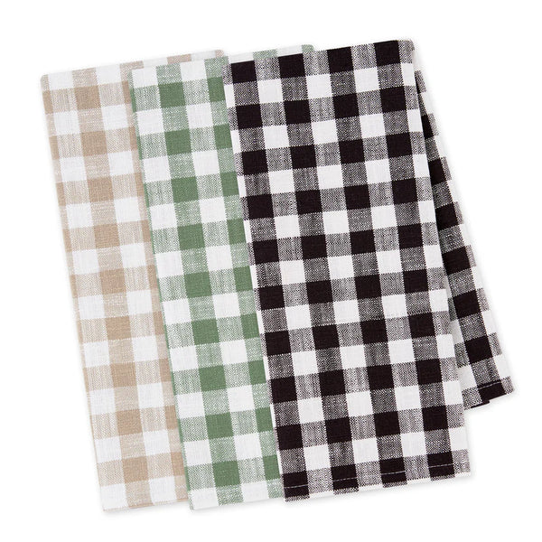 White with Tan, Green, and Black Buffalo Check Kitchen Towels