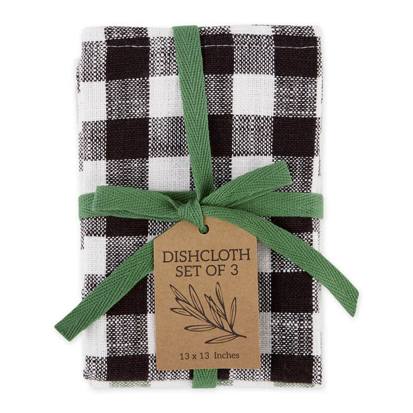 Black & White Buffalo Check Dishcloth w Green ribbon