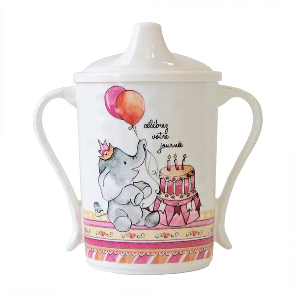 Baby Cie Textured Melamine Sippy Cup with Elephant, Cake & Balloons 