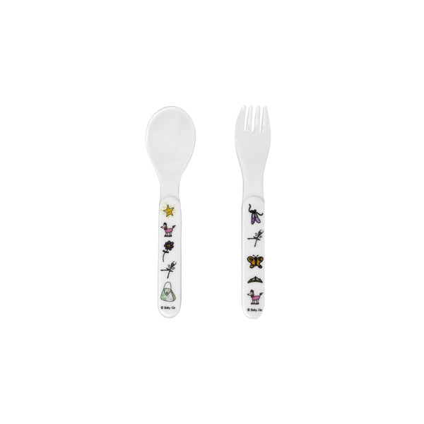 Baby Cie Melamine Fork & Spoon with star, poodle, ballerina, purse, slippers, Tiara, and butterfly