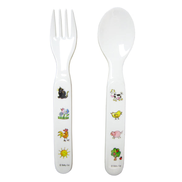 Baby Cie Children's Melamine Fork & Spoon with pictures of French farm animals, sunshine, flowers and an apple tree