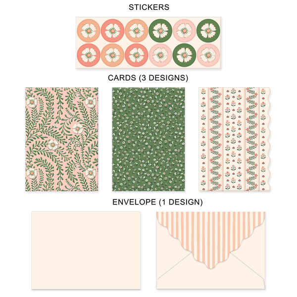 Set of floral stickers, cards, and an envelope on a white background