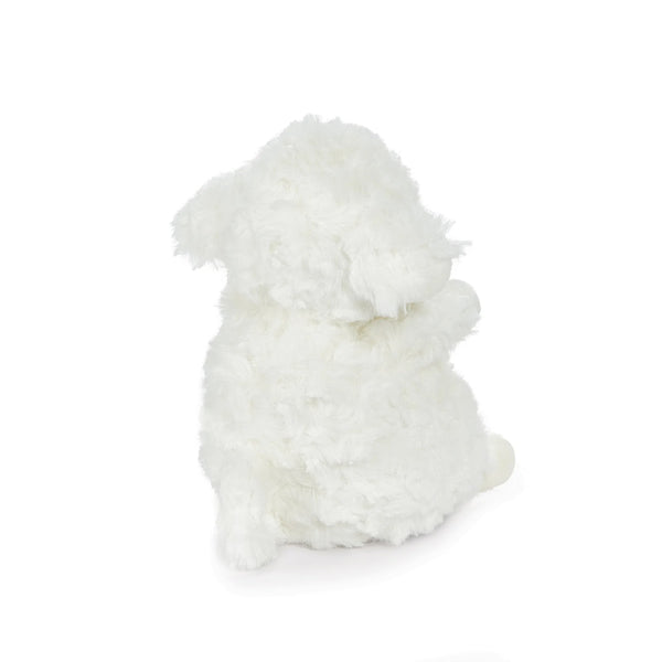 Back view white fluffy lamb toy on a white background