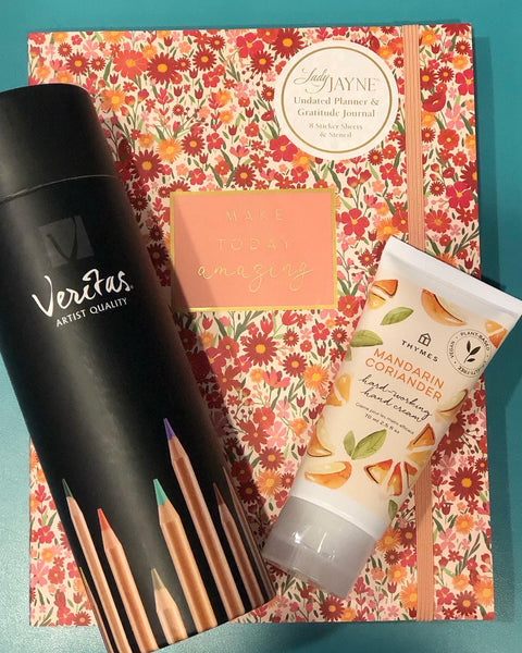Veritas Coloring Pencils, Lady Jane Floral Planner, and Thymes Mandarin Coriander Hand Cream