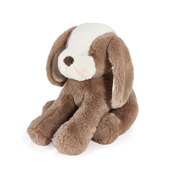 Brown plush dog toy with cream muzzle on a white background