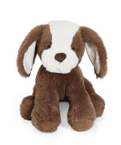 Brown and Cream plush dog toy on a white background