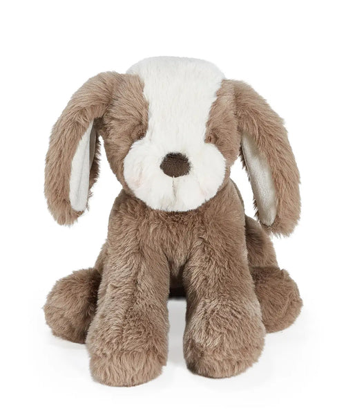 Plush dog toy with brown fur and cream face on a white background
