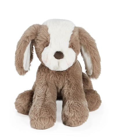Plush dog toy with brown fur and cream face on a white background