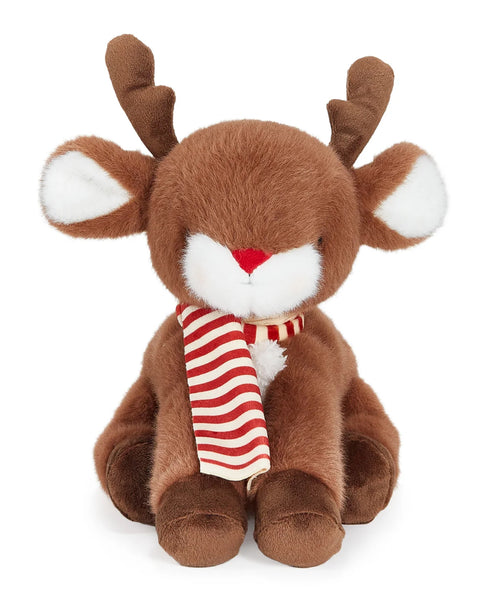 A brown plush reindeer toy with white inner ears, a red nose, dark brown antlers and hooves, and a red and cream striped scarf