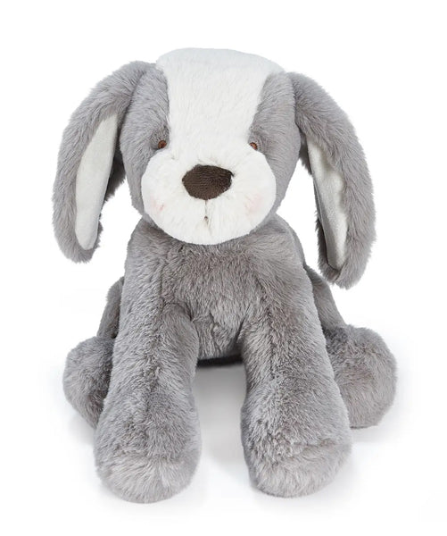Gray and Cream plush dog toy on a white background