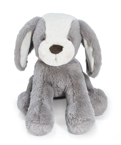 Gray and Cream plush dog toy on a white background
