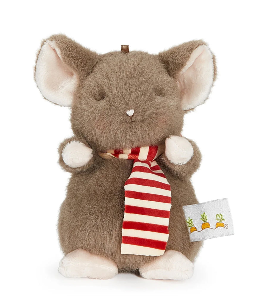 Christmas Mouse Stuffed Animal by Bunnies by the Bay wearing red and cream velour scarf
