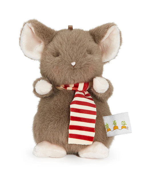 Christmas Mouse Stuffed Animal by Bunnies by the Bay wearing red and cream velour scarf