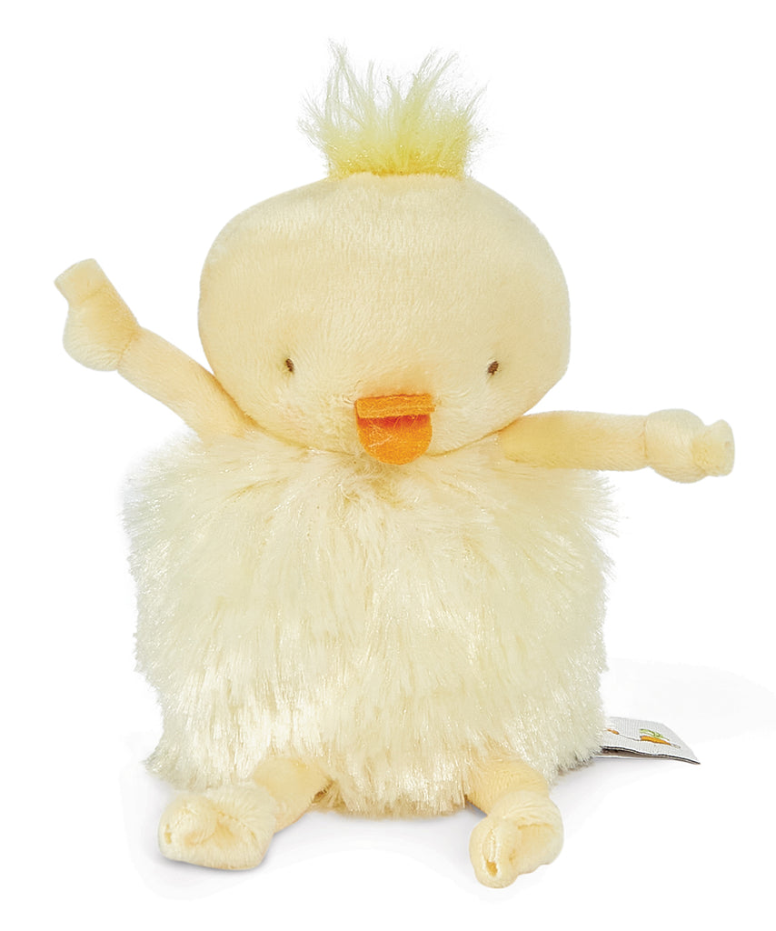 A soft plush toy chick with a fluffy cream-colored body, a small orange beak, and a tuft of yellow hair on its head, set against a plain white background.