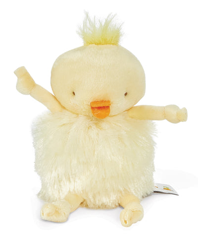 A soft plush toy chick with a fluffy cream-colored body, a small orange beak, and a tuft of yellow hair on its head, set against a plain white background.