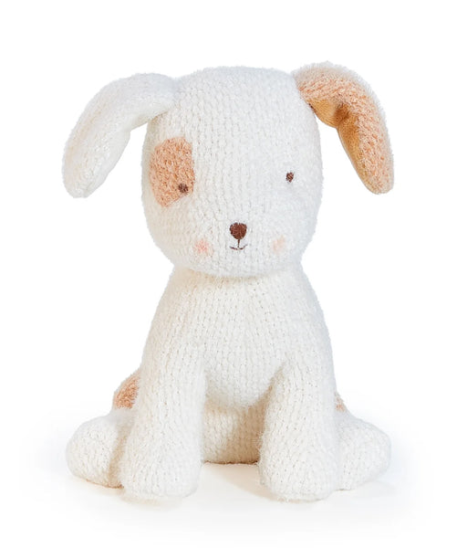 Knitted dog toy with brown patches on a white background