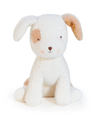Knitted dog toy with brown patches on a white background