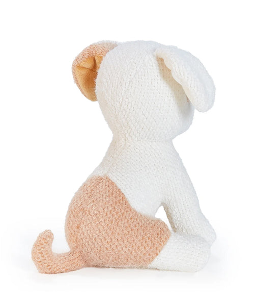 Back view Knitted dog toy with a white body and brown paws on a white background